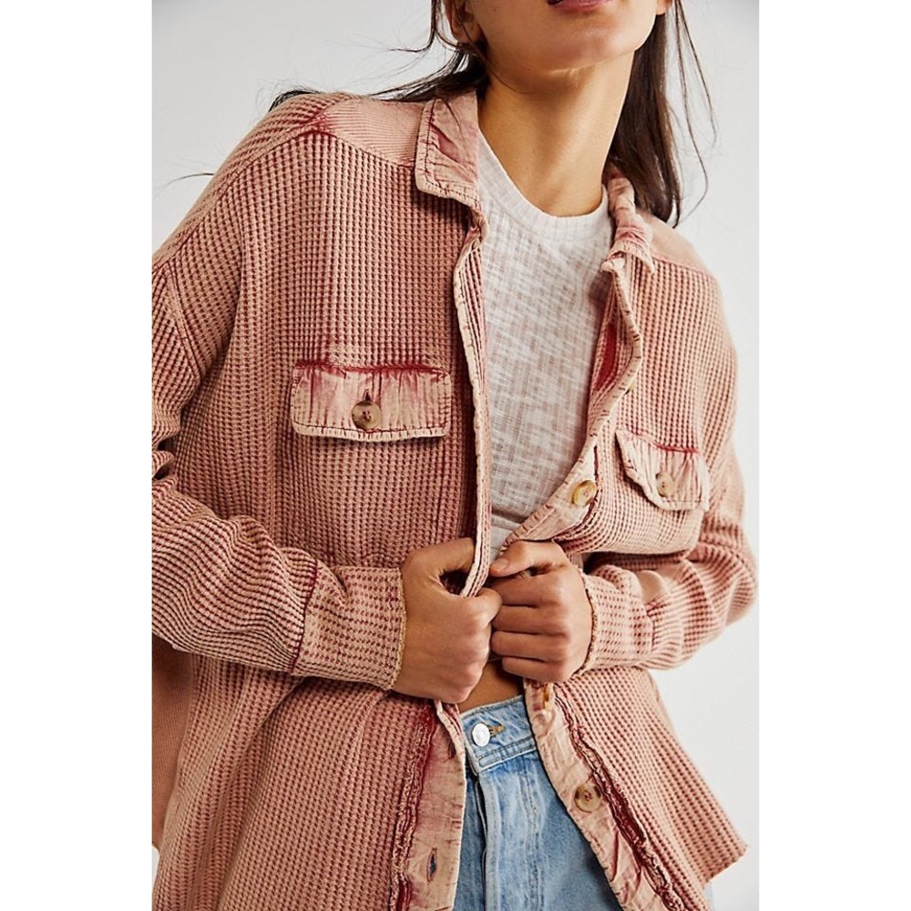 Free People FP One Scout Jacket Salmon Oversized Waffle Knit Thermal Top Size S